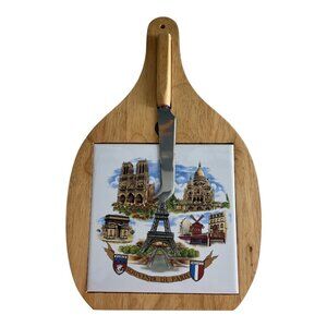 Vintage Paris Souvenir Cheese Board with Knife – Wood & Ceramic Tile, Eiffel Tow